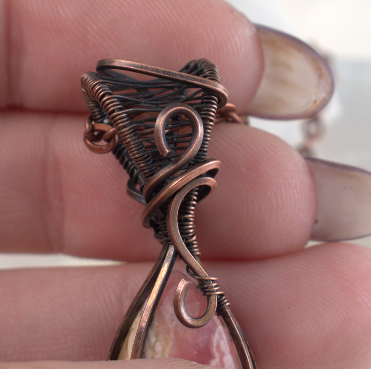 Rose Canyon – Rhodochrosite Oxidised Copper Pendant