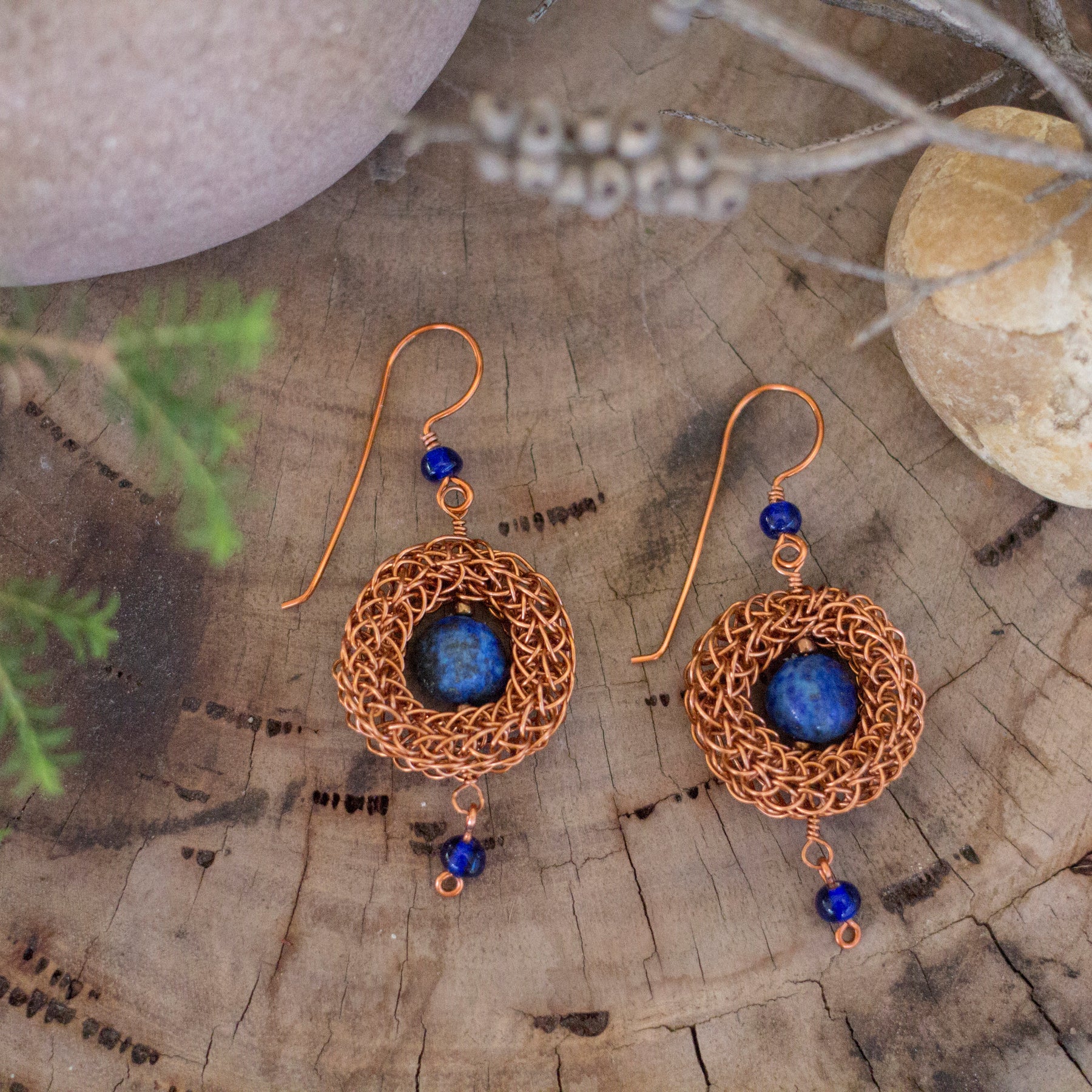 Antique Copper Viking Wire Knit Earrings with Lapis Lazuli Stones