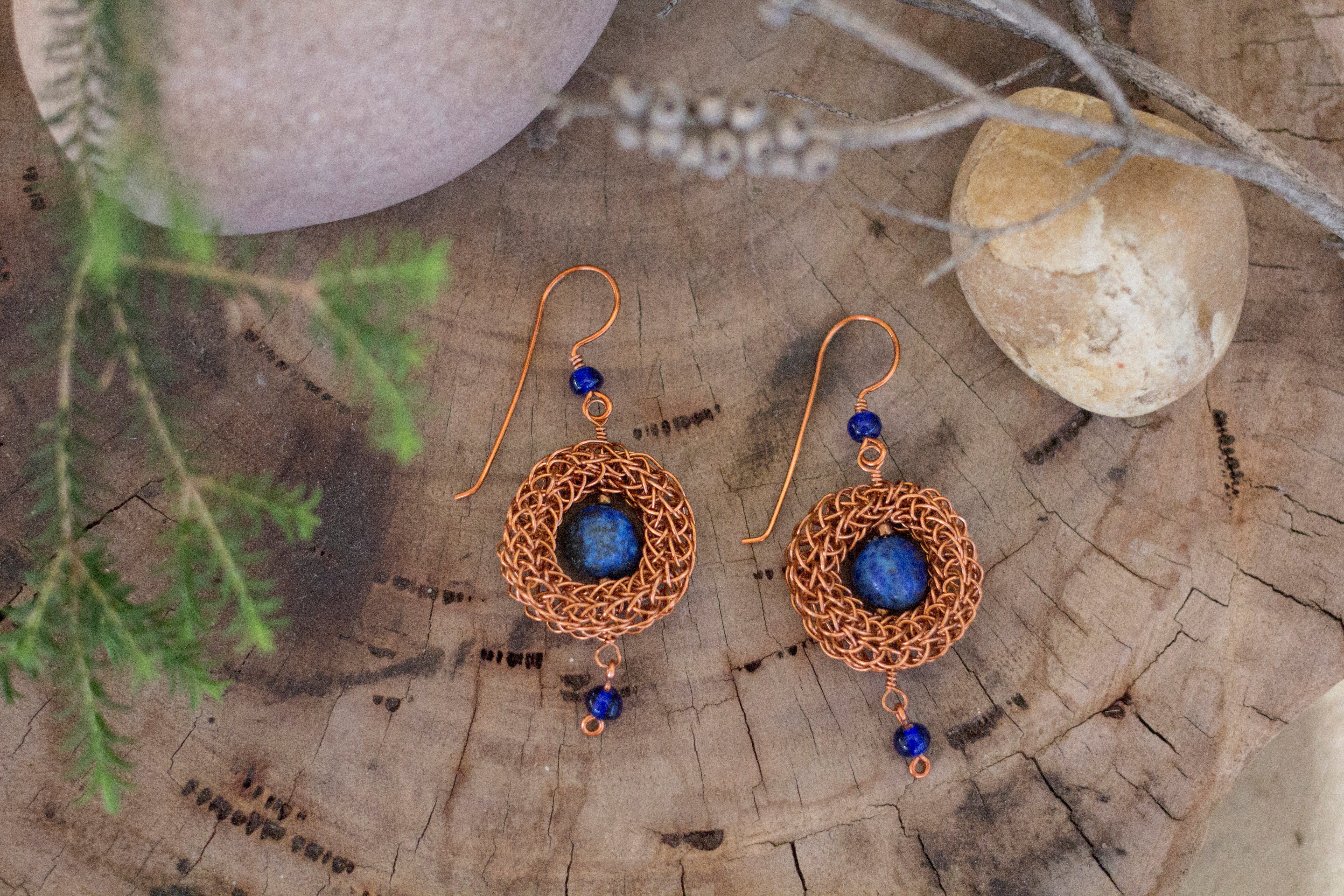 Antique Copper Viking Wire Knit Earrings with Lapis Lazuli Stones
