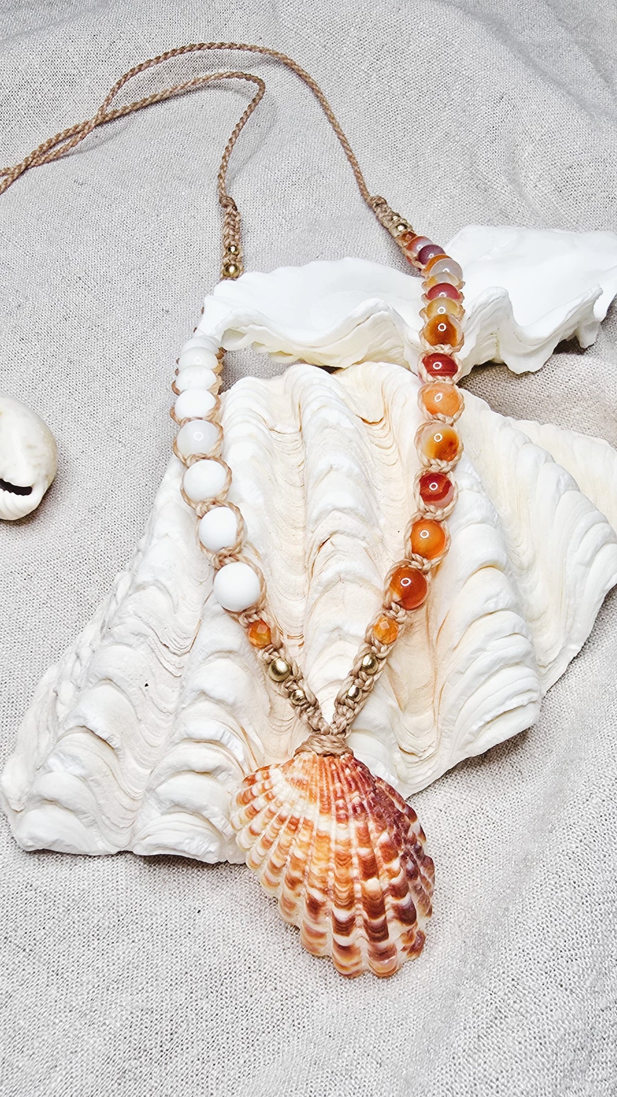 Arc Cockle Shell Necklace with Carnelian & Mop