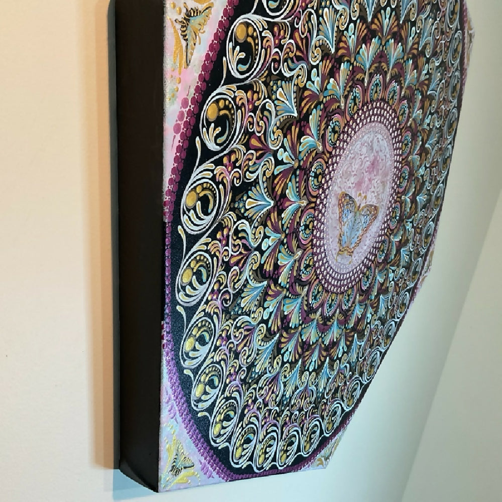 Pastel Pinks & Blue Butterfly Mandala Mixed Media Acrylic Painting, Hexagon 61x52cm Art, Australian Artist, Ready to Hang Canvas