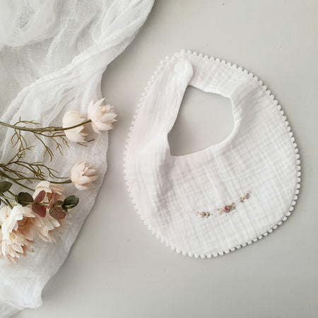 White Embroidered Baby Bib • Vintage-Style Scalloped Floral Newborn Accessory
