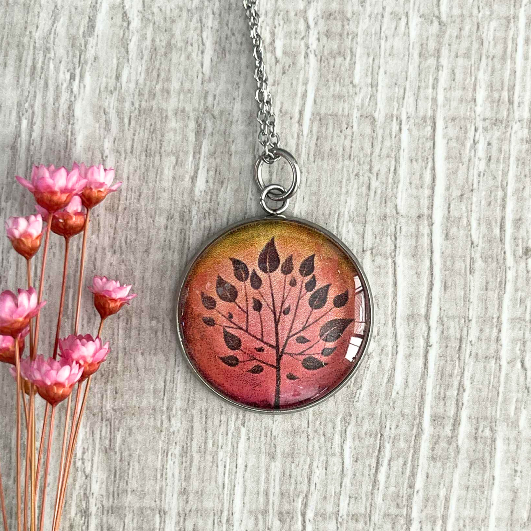 Autumn Tree Pendant Handmade with Glass & Stainless Steel