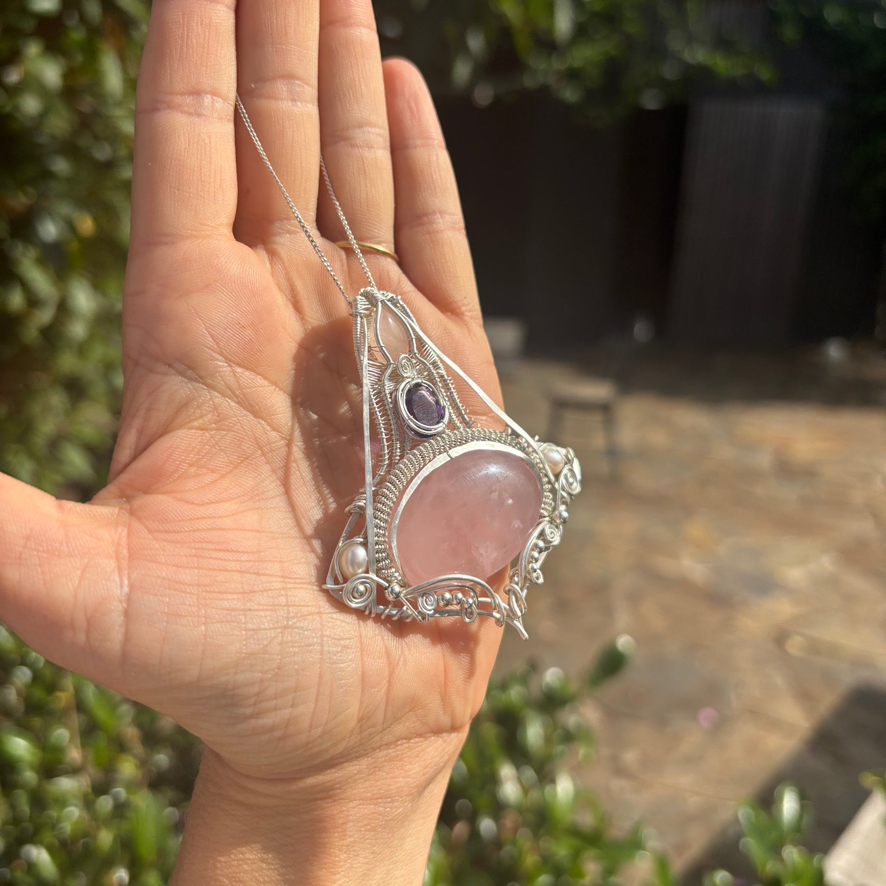 Amethyst/Rose Quartz Crystal silver wire wrap pendant