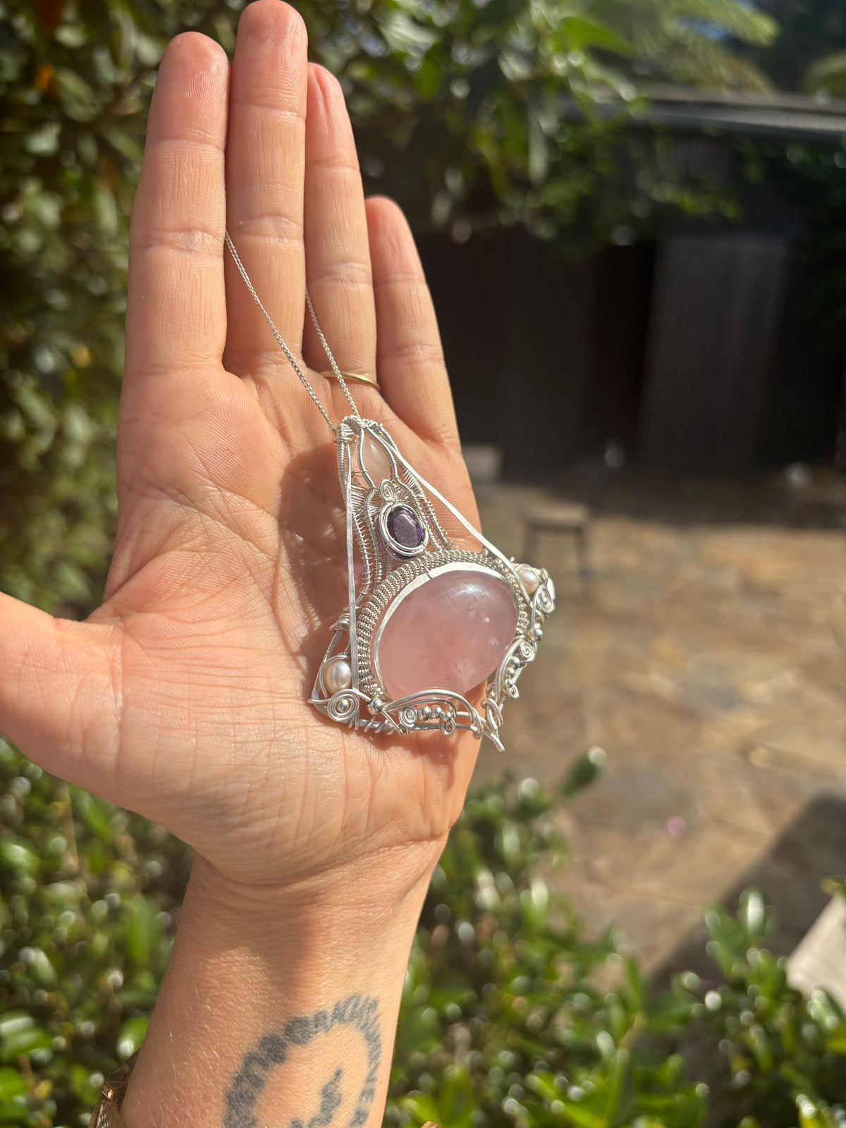 Amethyst/Rose Quartz Crystal silver wire wrap pendant