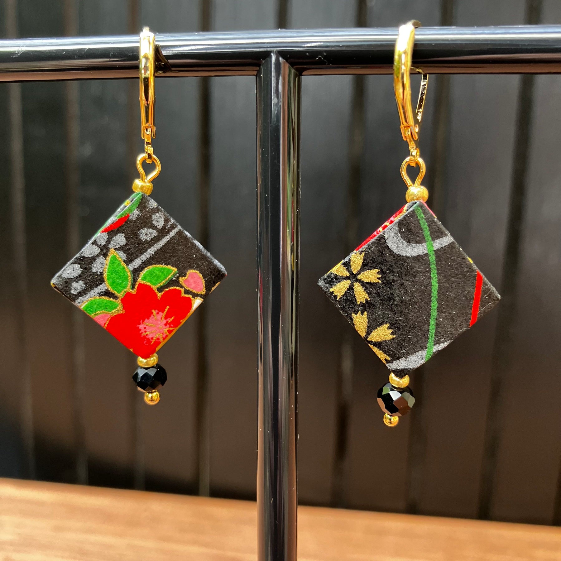 Origami Earrings – smoky black with vibrant botanicals.  Japanese Yuzen Washi