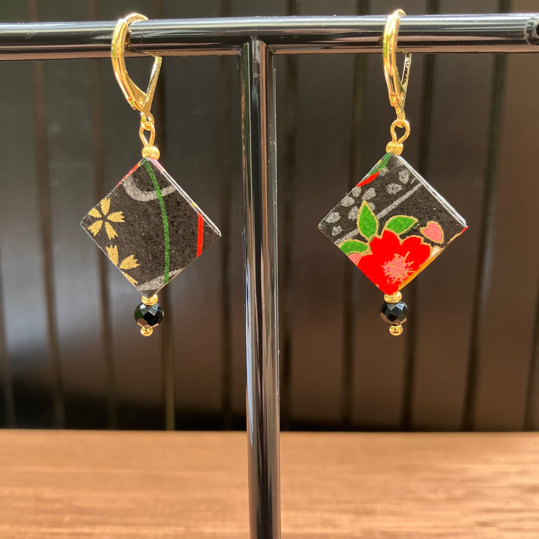 Origami Earrings – smoky black with vibrant botanicals.  Japanese Yuzen Washi