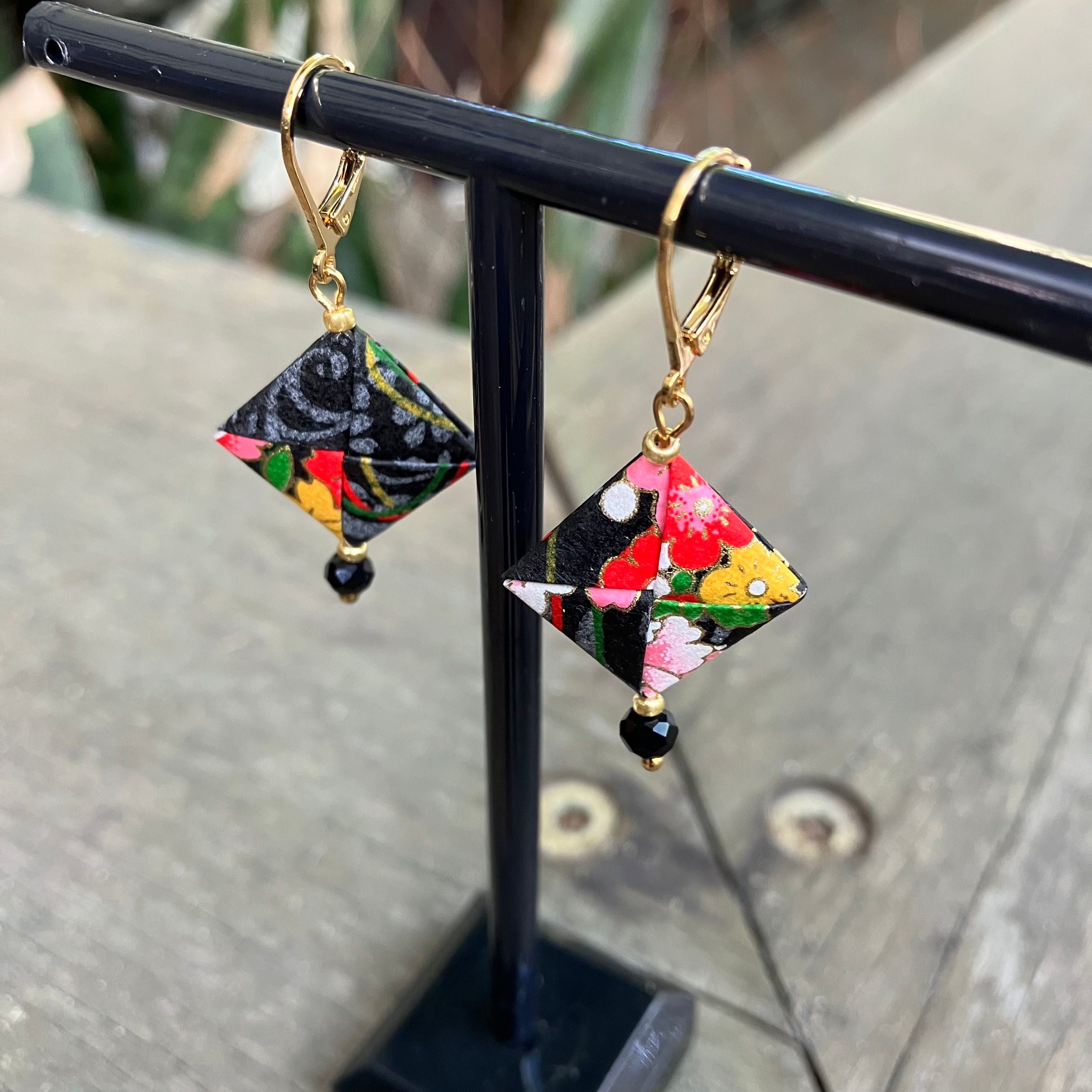 Origami Earrings – smoky black with vibrant botanicals.  Japanese Yuzen Washi