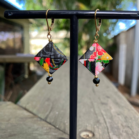 Origami Earrings – smoky black with vibrant botanicals.  Japanese Yuzen Washi