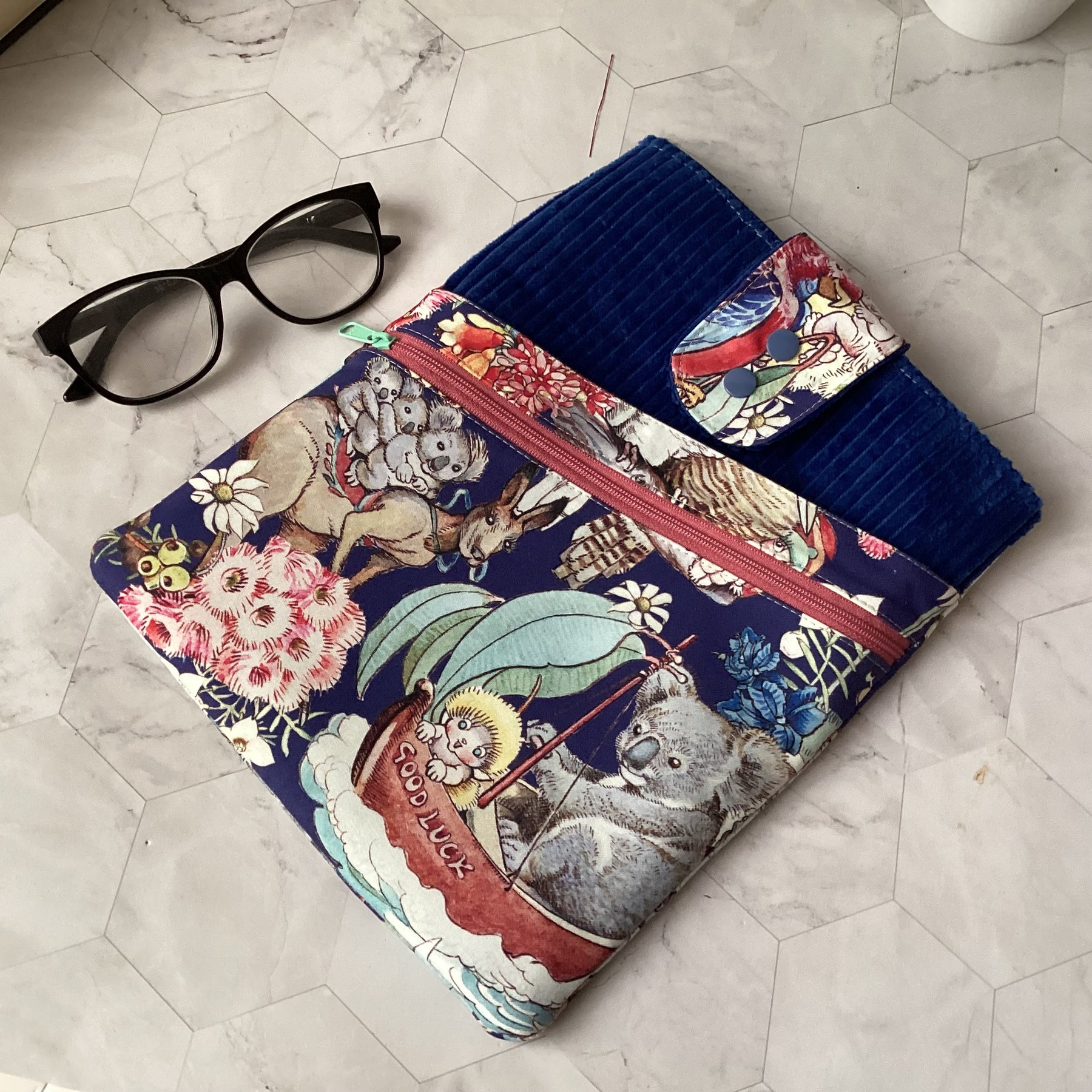 May Gibbs Gumnut Adventures fabric book sleeve with 2 pockets. iPad, tablet pouch
