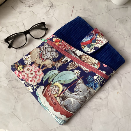 May Gibbs Gumnut Adventures fabric book sleeve with 2 pockets. iPad, tablet pouch