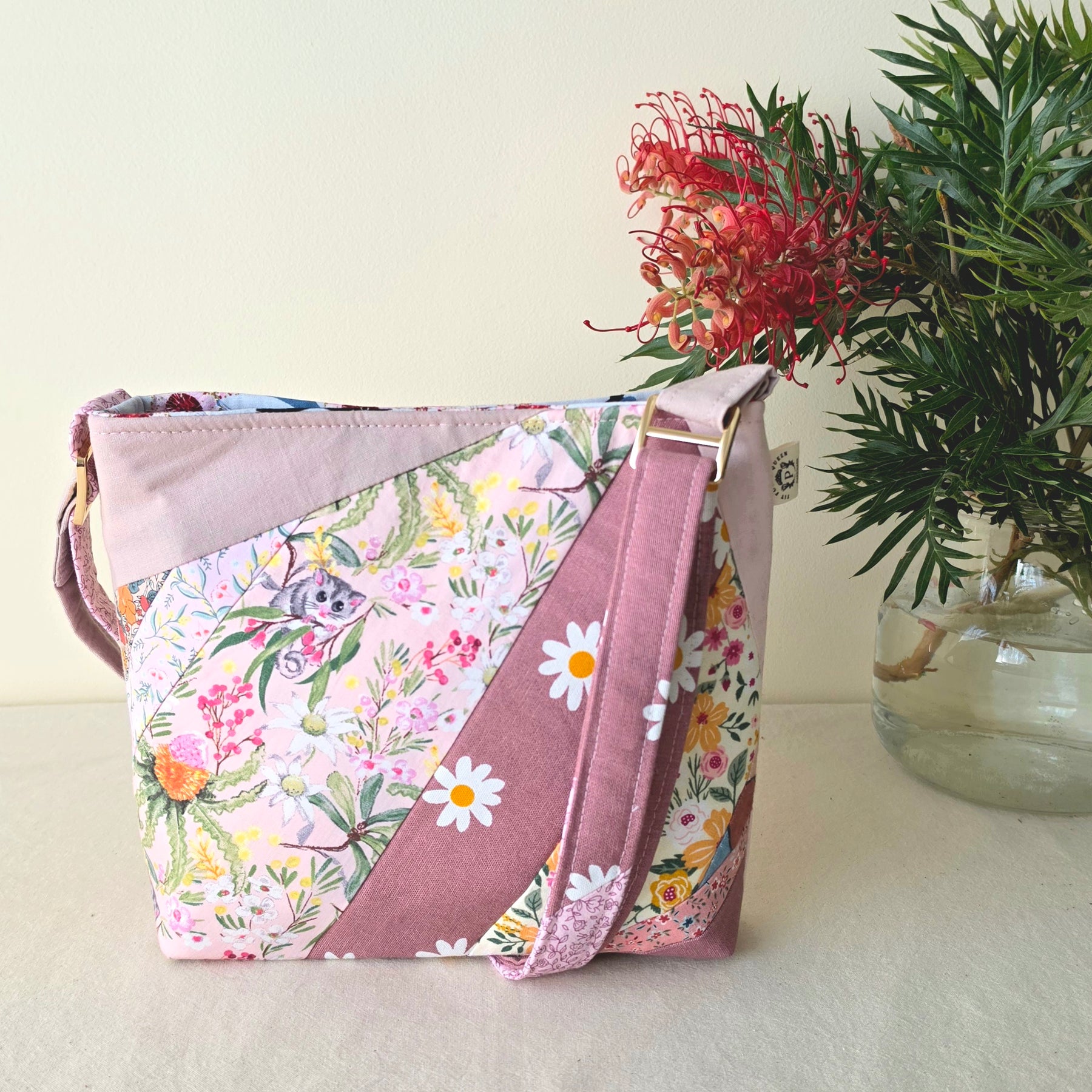 Repurposed Remnants Pink Patchwork Crossbody Bag | Made with fabric scraps