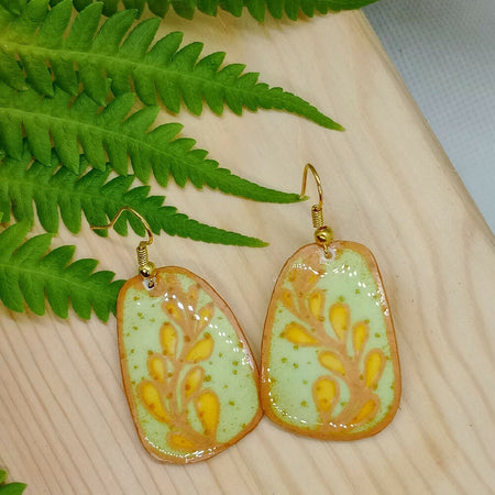 Green & Gold Spring Vines Ostrich Eggshell Earrings