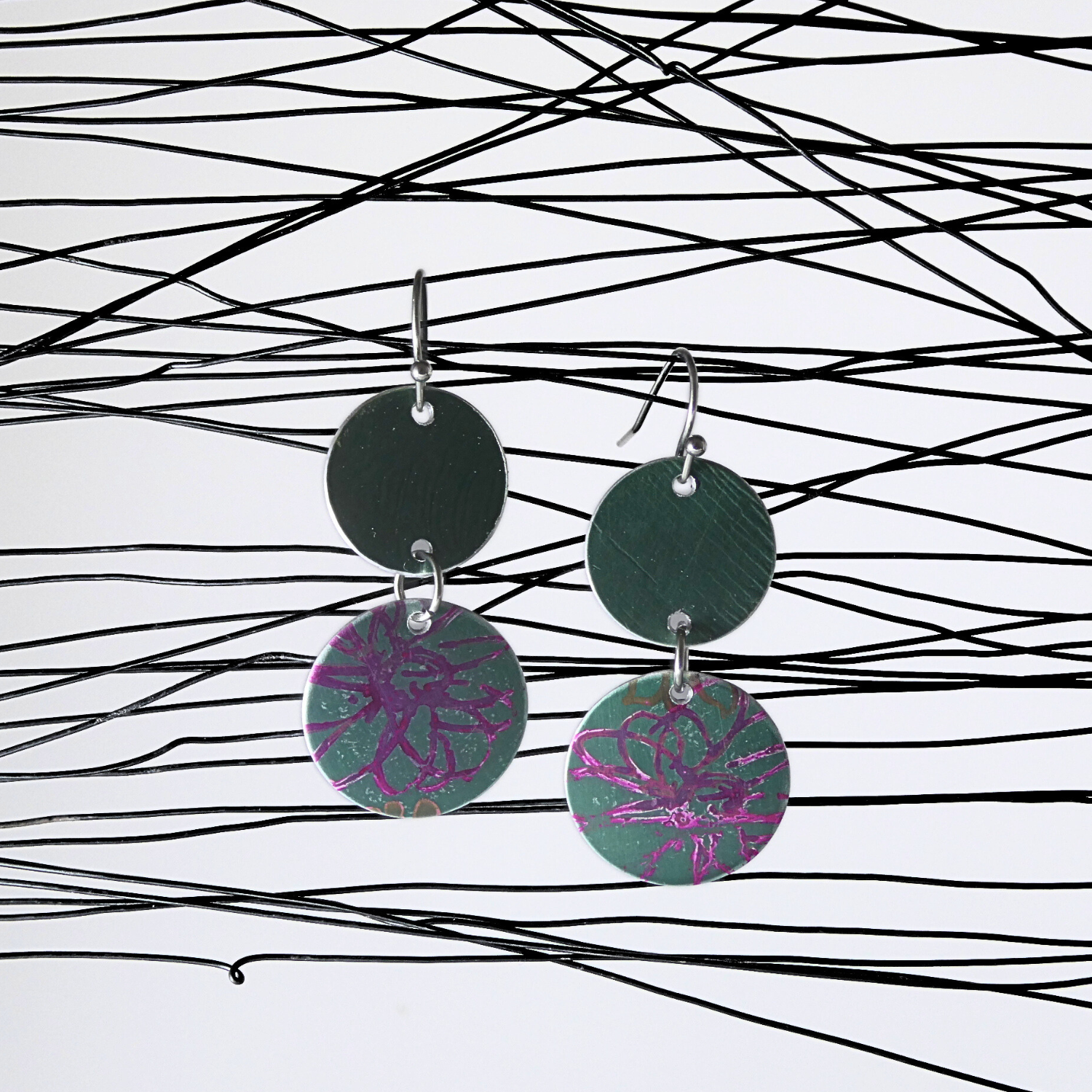Anodised aluminium earrings hand printed - Midnight Velvet Collection