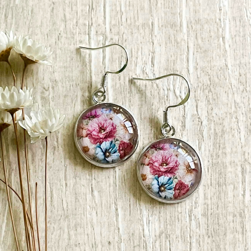Vintage Blue and Pink Flower Earrings  • Floral Gift Idea for Mum
