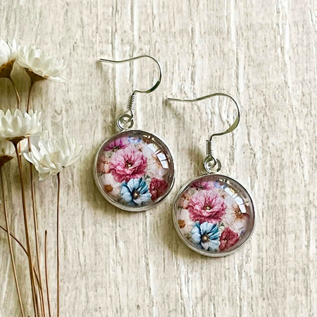 Vintage Blue and Pink Flower Earrings  • Floral Gift Idea for Mum