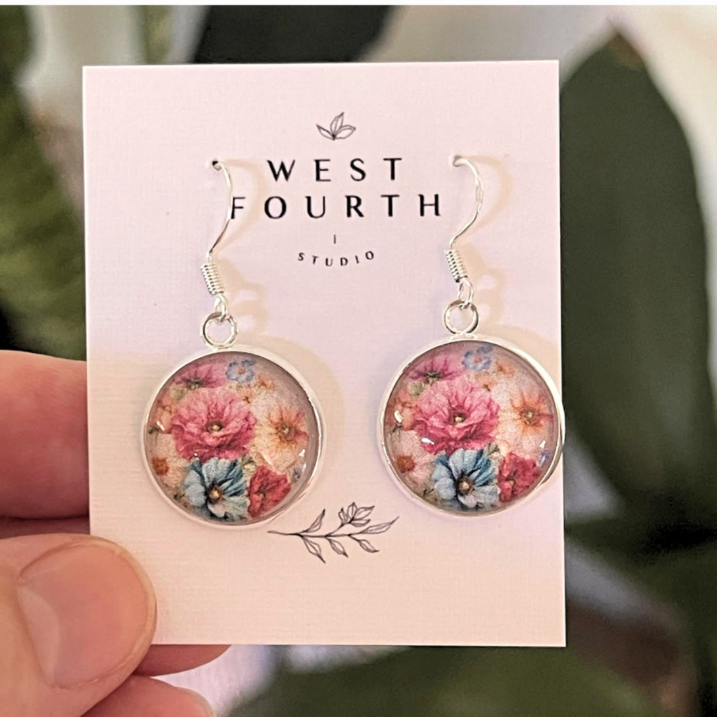 Vintage Blue and Pink Flower Earrings  • Floral Gift Idea for Mum