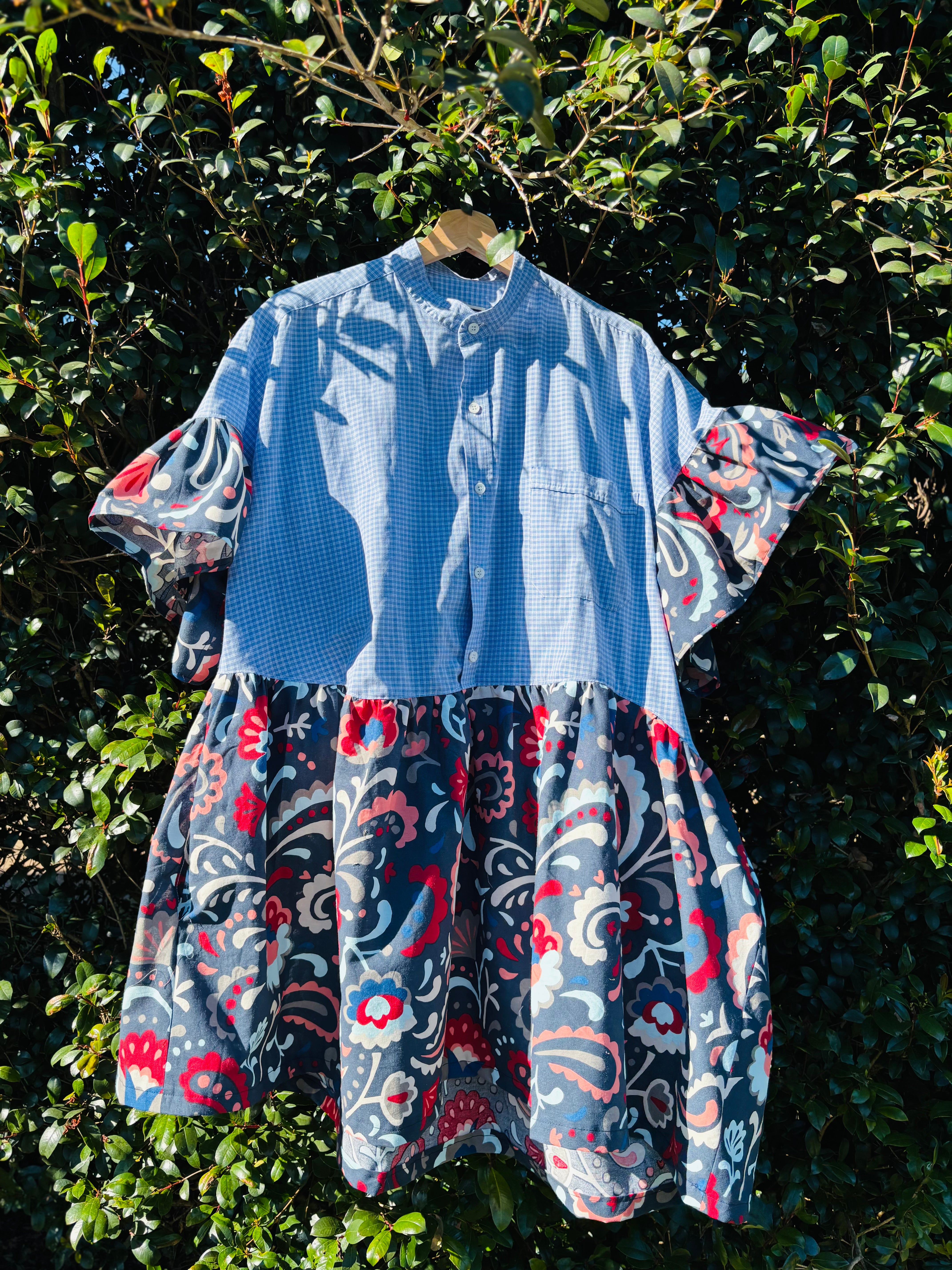 Upcycled Shirt Dress | Blue Check & Floral