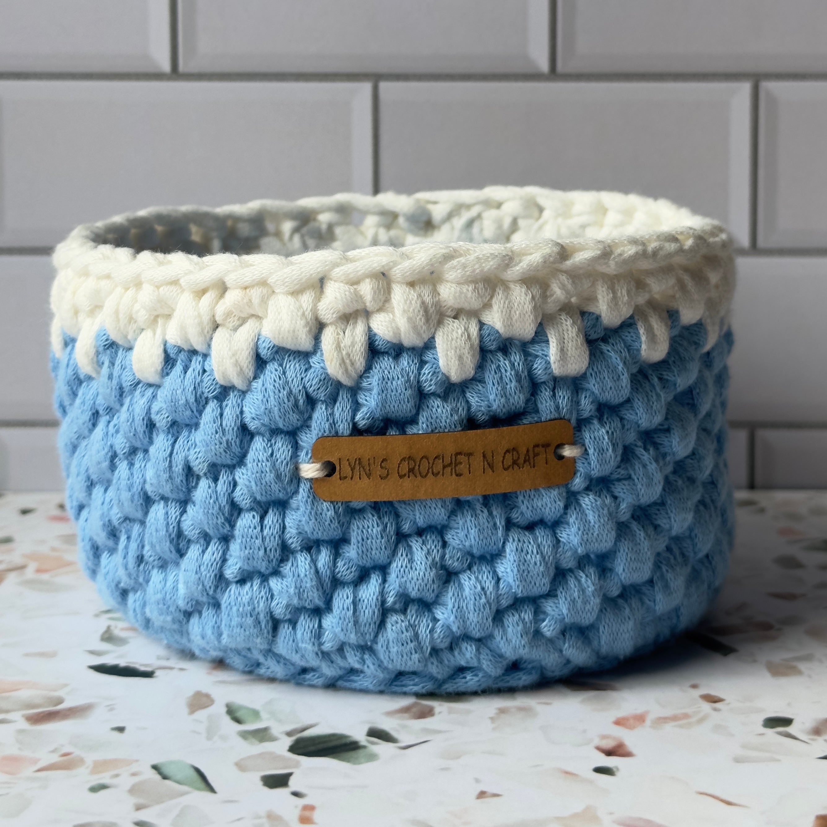 Handmade Crochet Blue & White Baby Basket - small