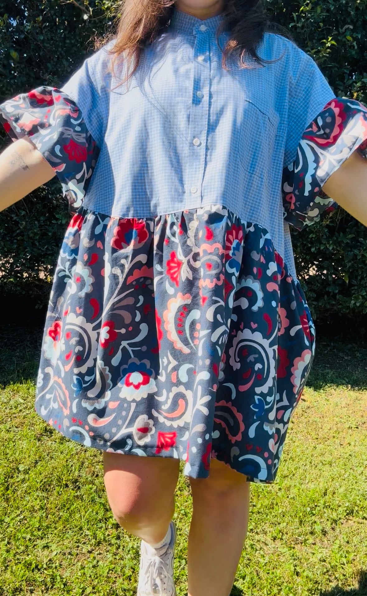 Upcycled Shirt Dress | Blue Check & Floral