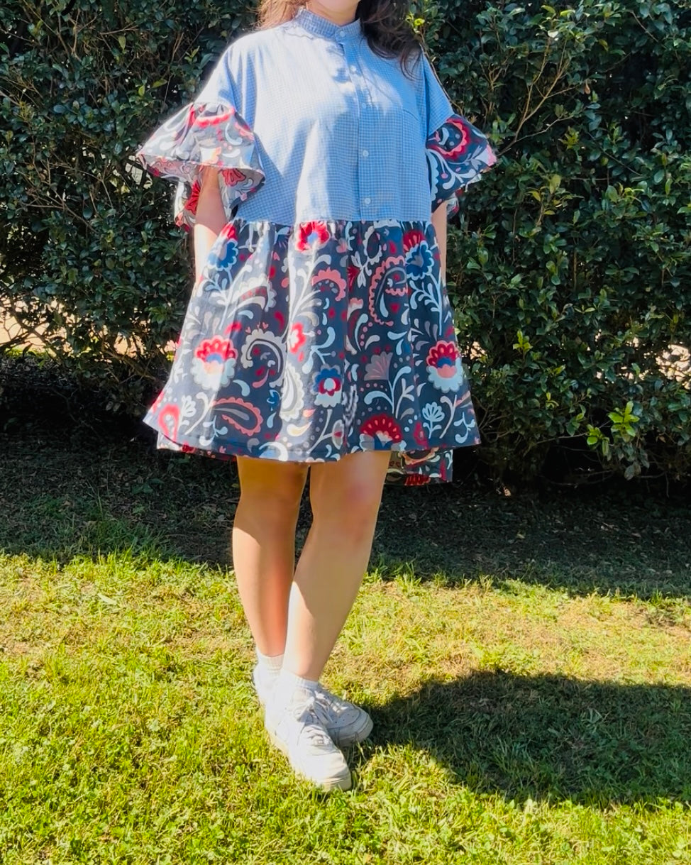 Upcycled Shirt Dress | Blue Check & Floral