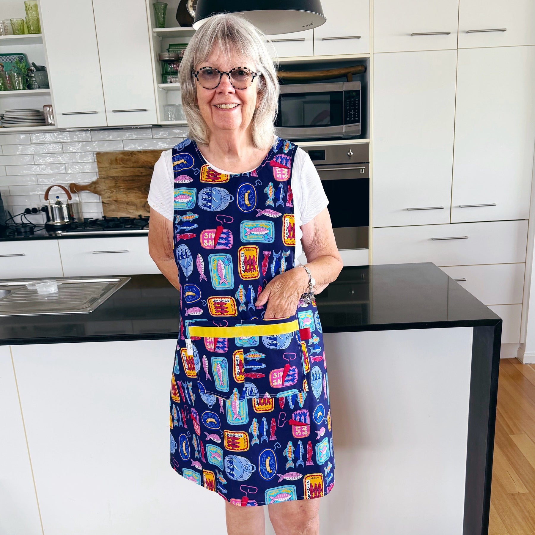 Sardines Japanese style cross back kitchen apron. Crafting, gardening, no ties apron.
