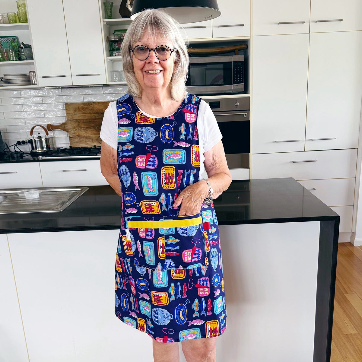 Sardines Japanese style cross back kitchen apron. Crafting, gardening, no ties apron.