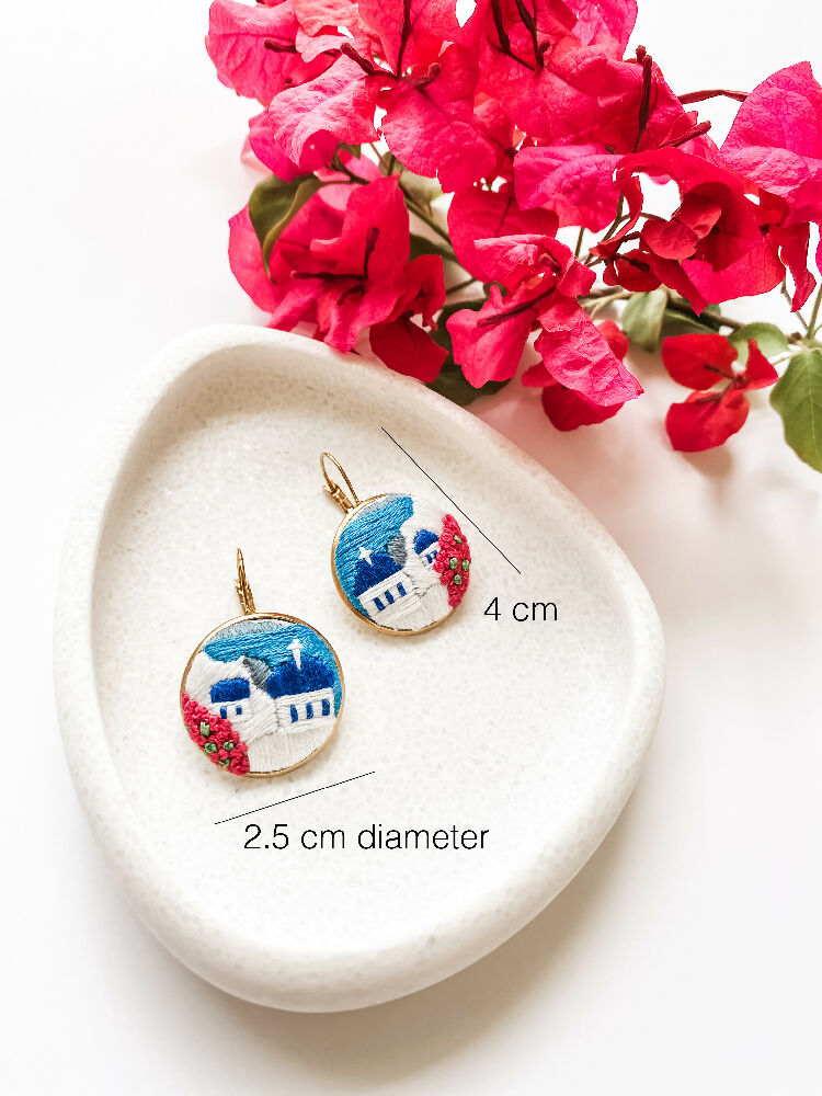 Santorini Hand Embroidered Earrings – Timeless Beauty of the Greek Islands - Dimensions round 2.5cm diameter, 4cm overall