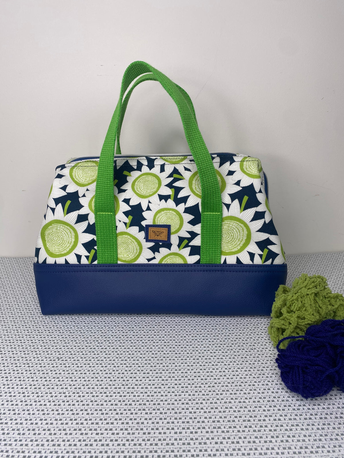 Project Bag - Green Sun Flowers on Navy with a Navy Faux Leather Base