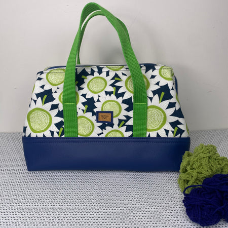 Project Bag - Green Sun Flowers on Navy with a Navy Faux Leather Base