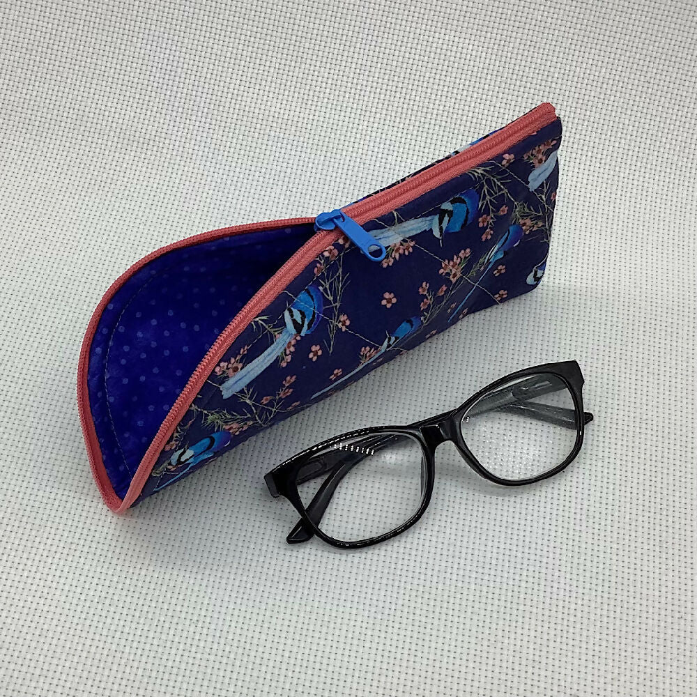 Blue wren curved top zip pouch for glasses, phones, handbag organiser etc.