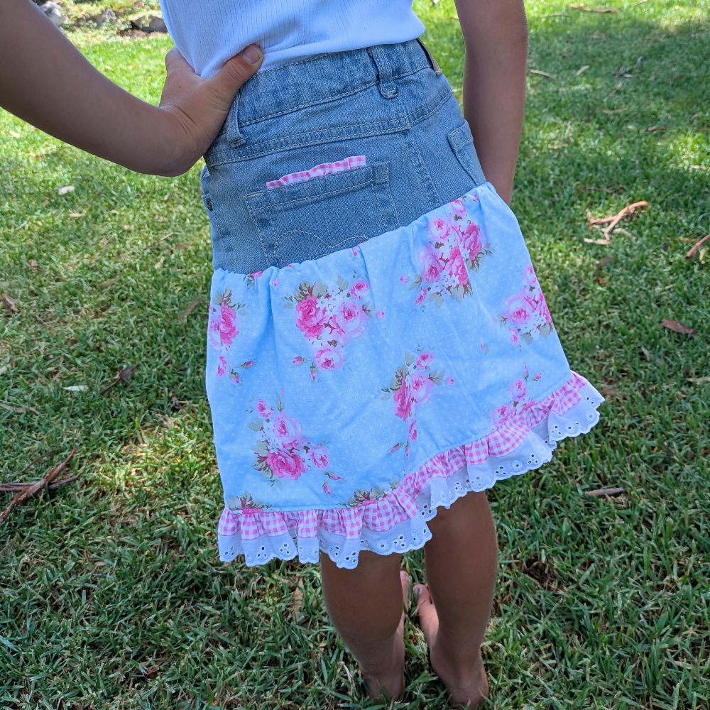 girls-size-5-upcycled-denim-skirt-pink-posy-blue-spot-handmade-sewing-artist-the-denim-patch