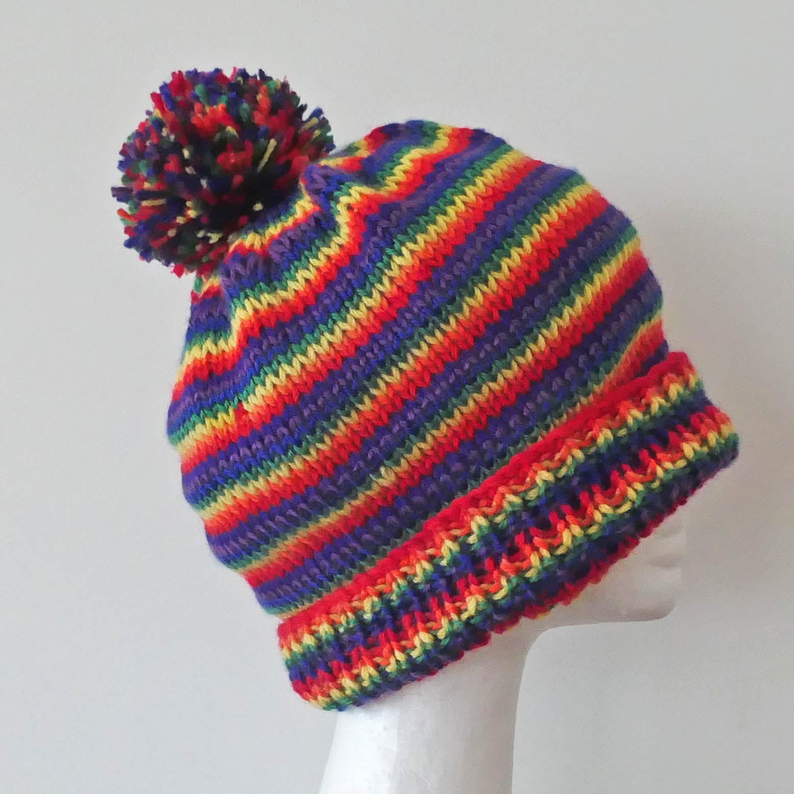 Beanie, rainbow, slouchy, hand knitted, free shipping