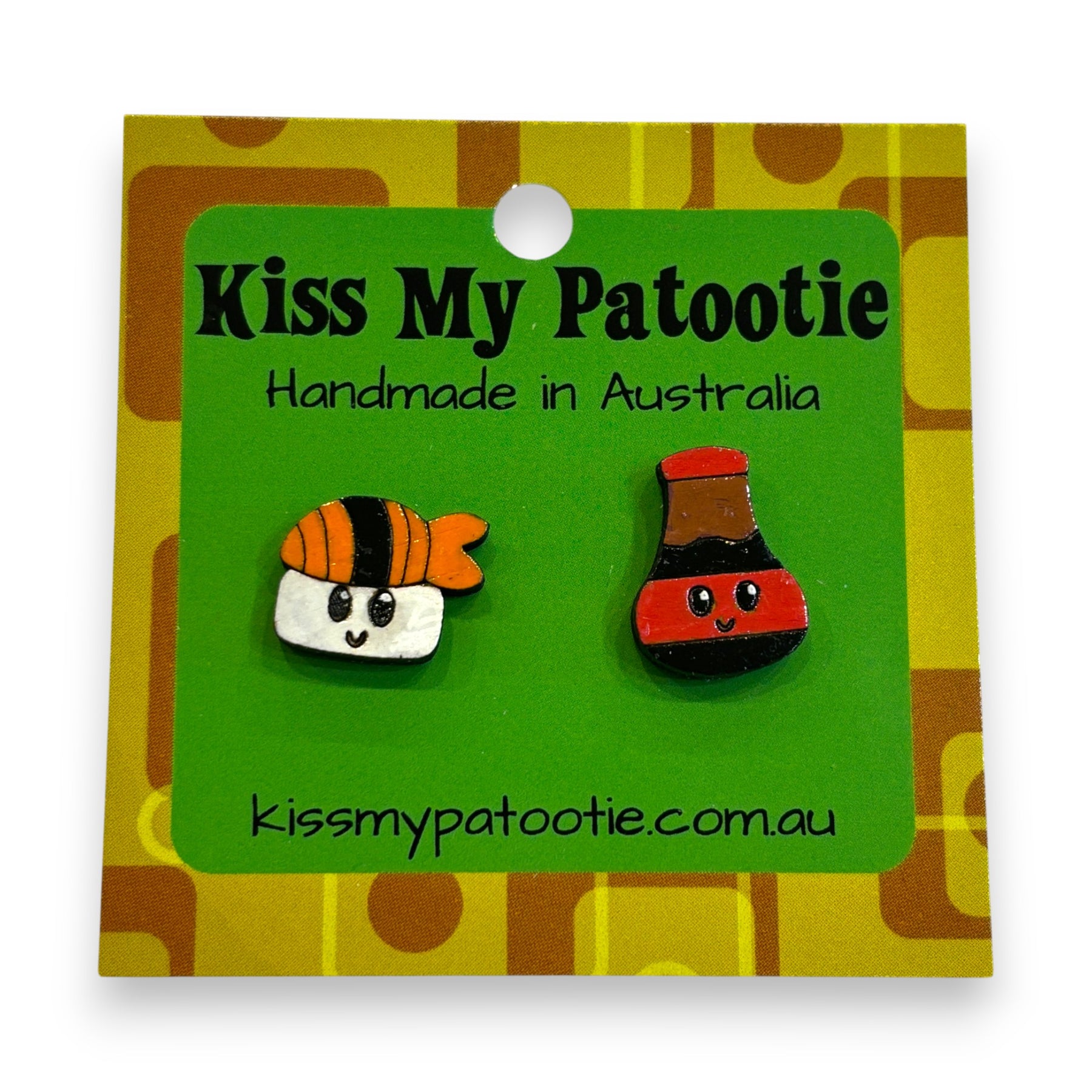 Sushi and soy sauce wooden earrings - hand painted studs
