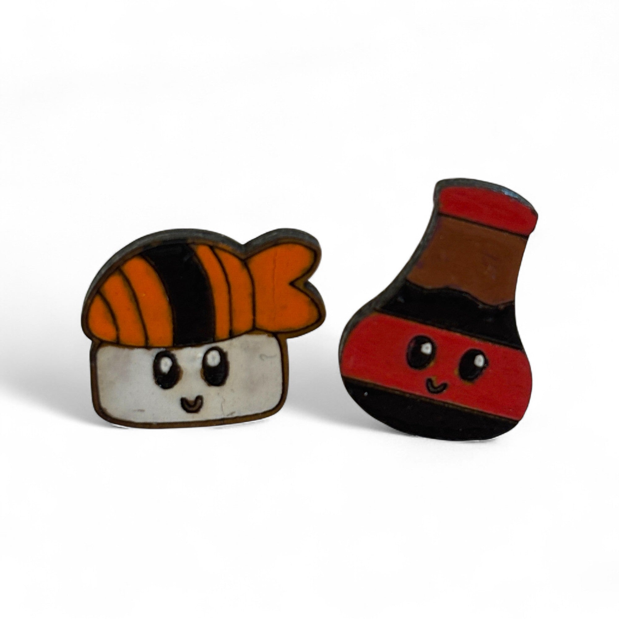 Sushi and soy sauce wooden earrings - hand painted studs