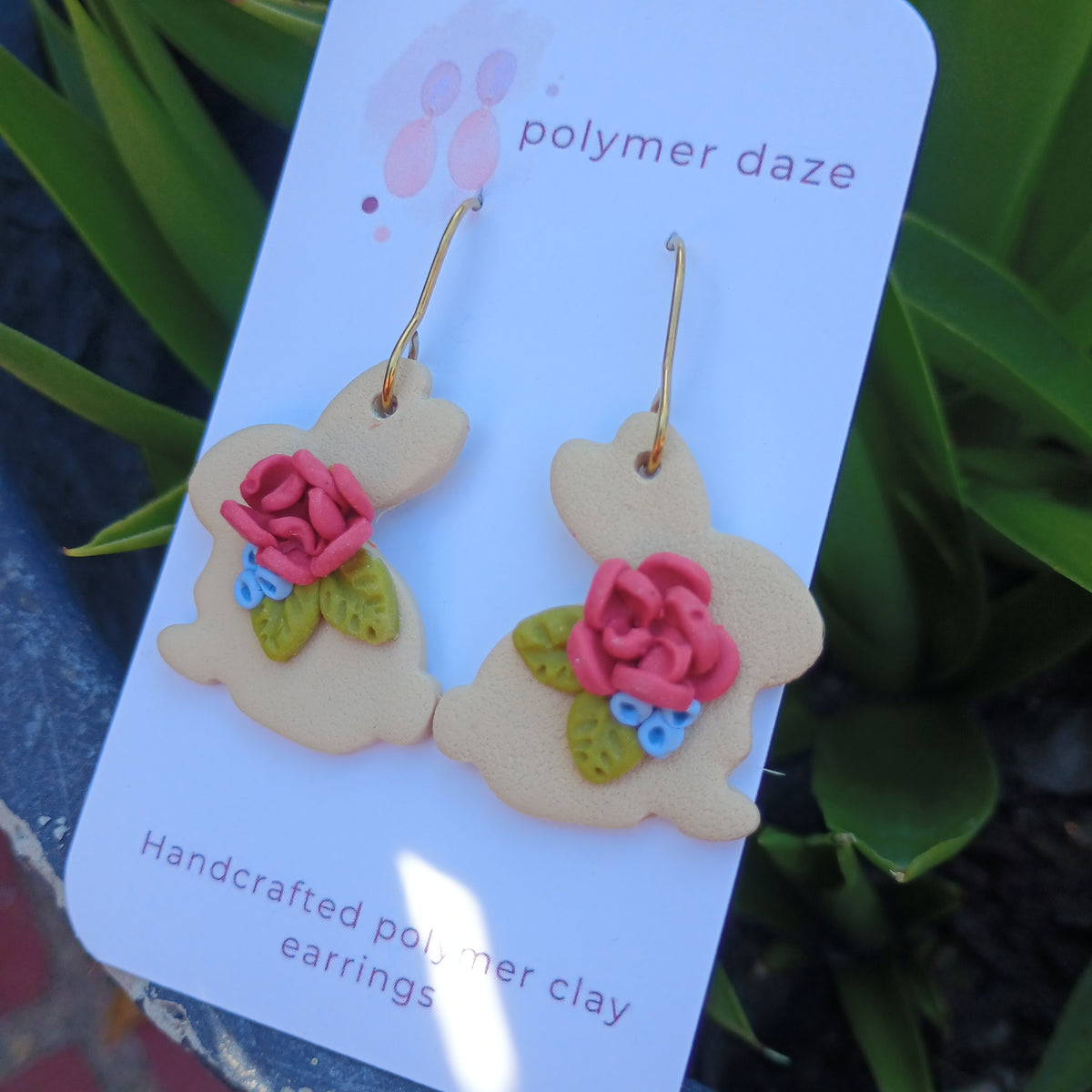 Rose flower rabbit dangle earrings