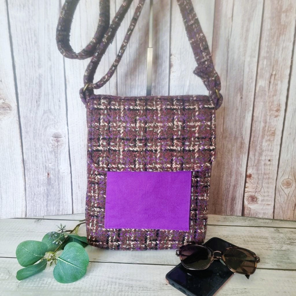 Upcycled crossbody messenger bag - brown & purple