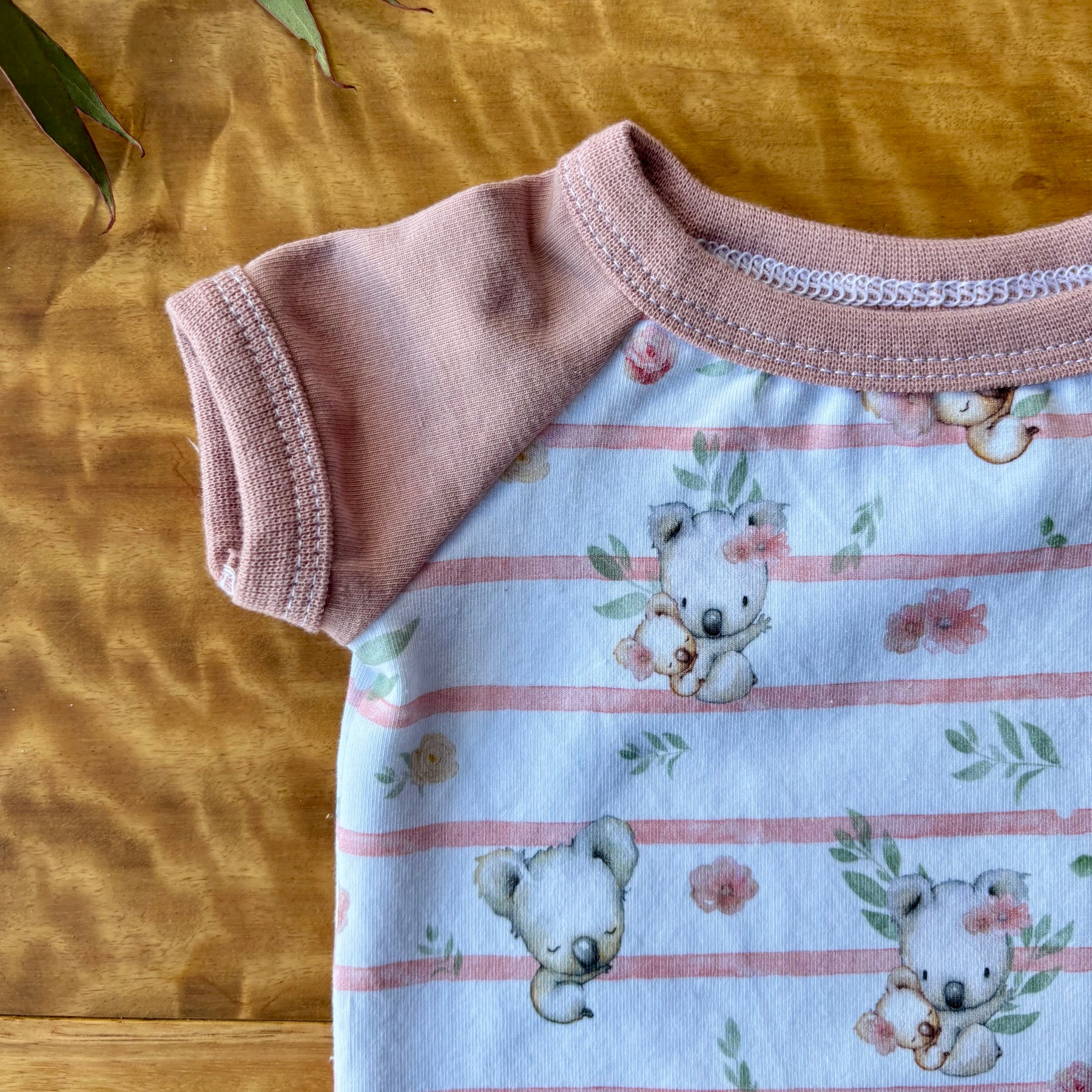 Baby Short Sleeved Bodysuit | Pink Koala Stripe | Size premmie to 2 | Made to order