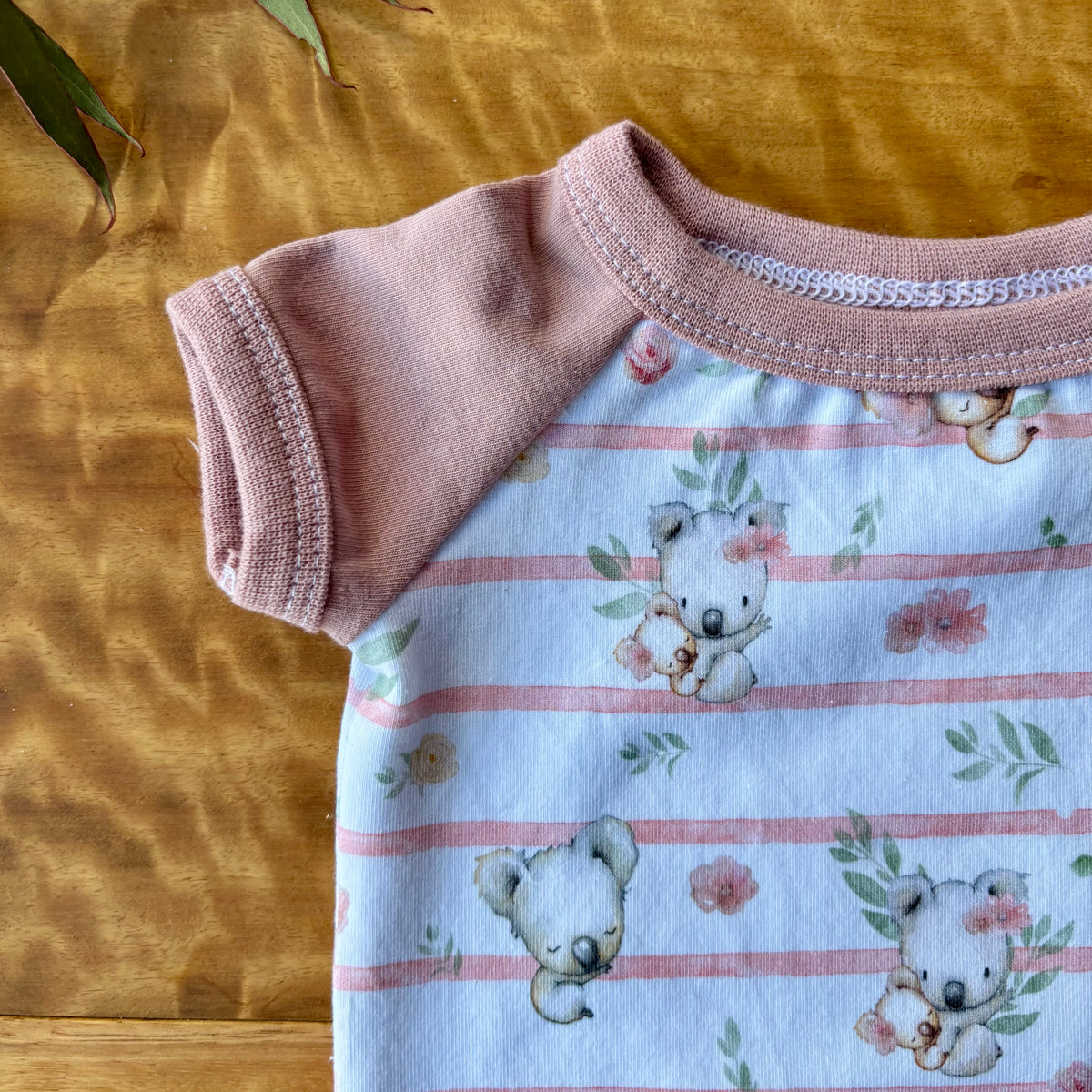 Baby Short Sleeved Bodysuit | Pink Koala Stripe | Size premmie to 2 | Made to order