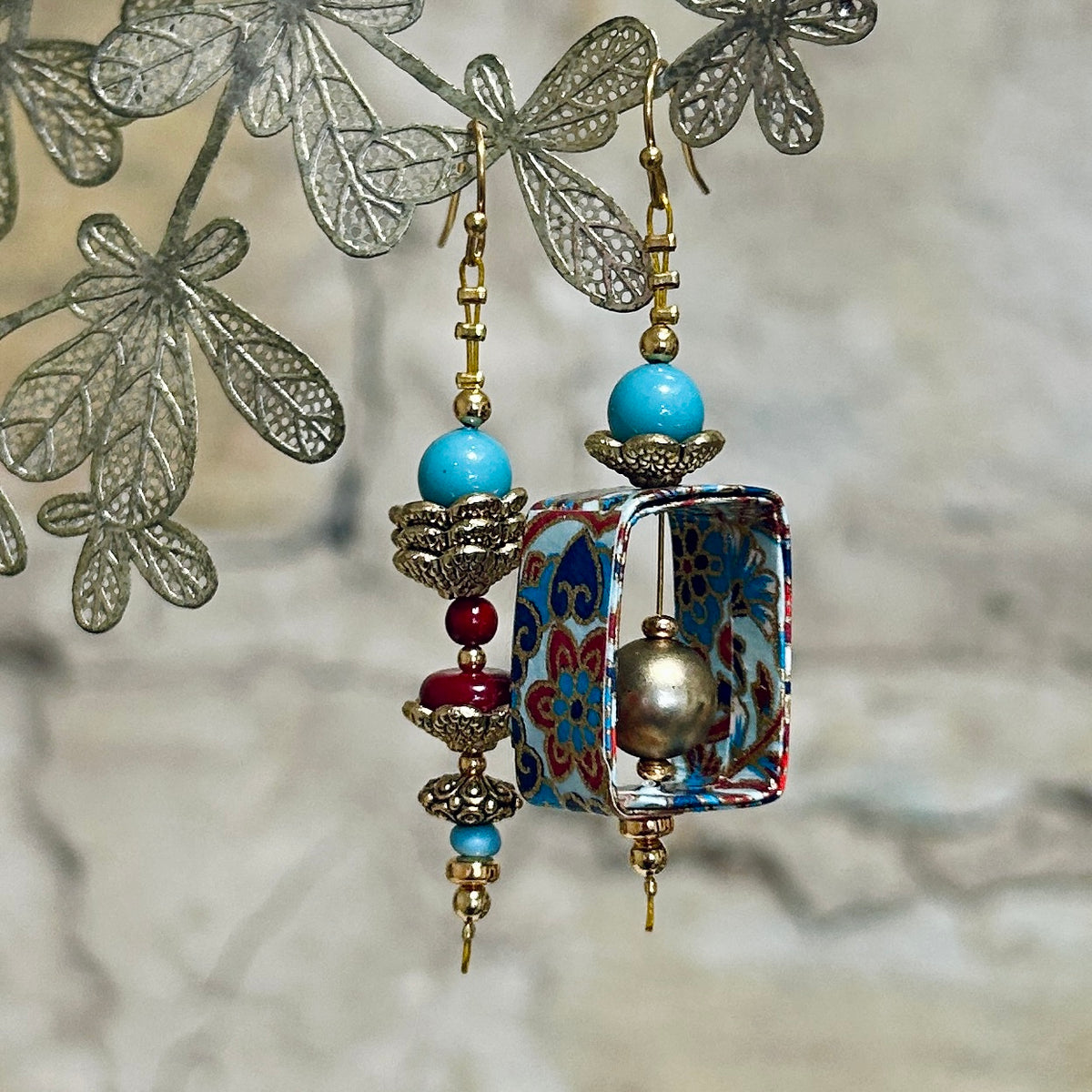 Earrings Long Red Aqua & Gold Asymmetrical - EB-121