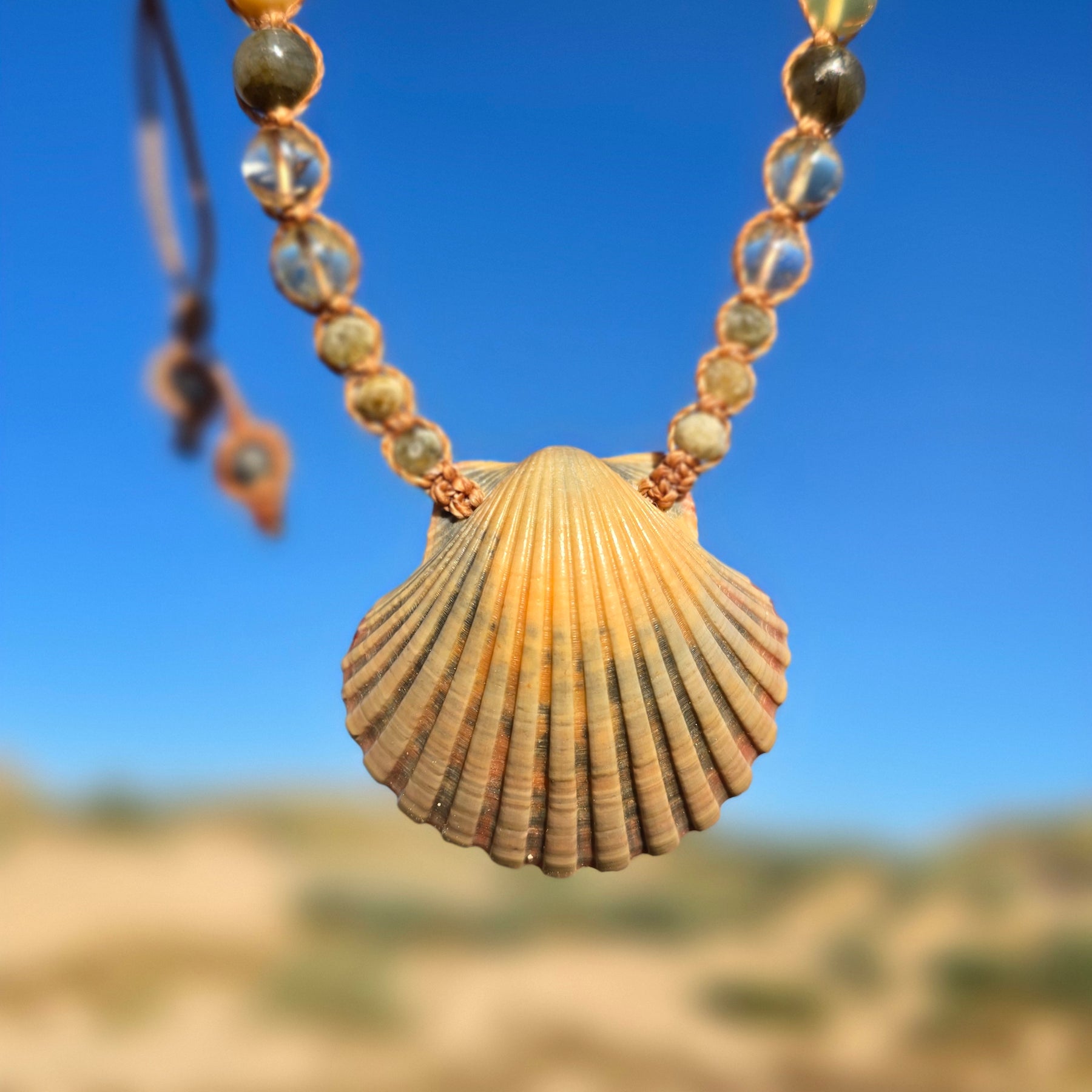 Scallop Shell Necklace with Labradorite and Yellow Opal