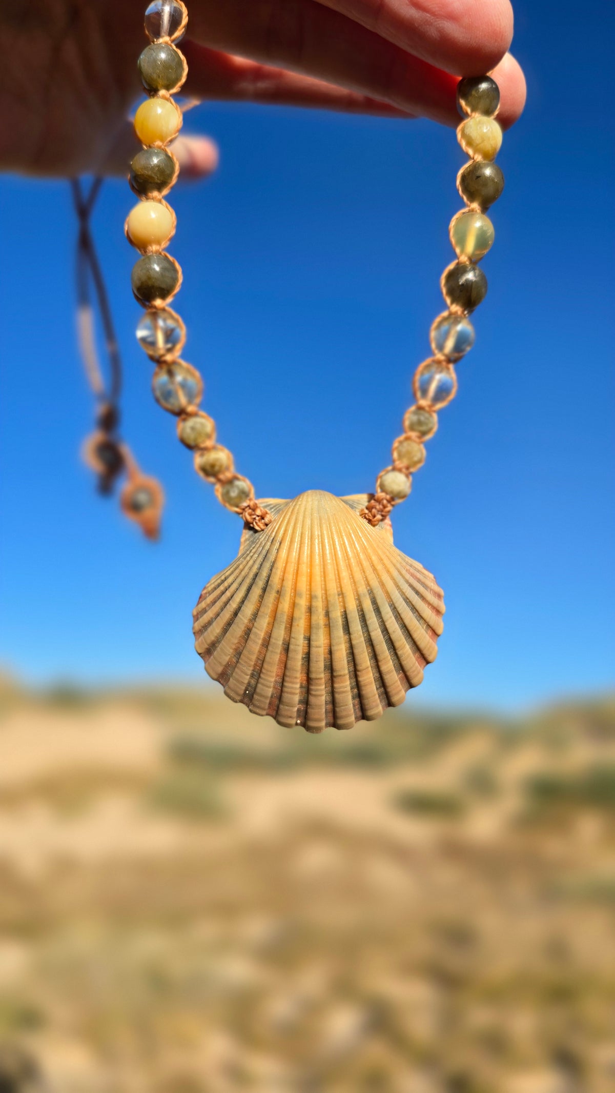 Scallop Shell Necklace with Labradorite and Yellow Opal