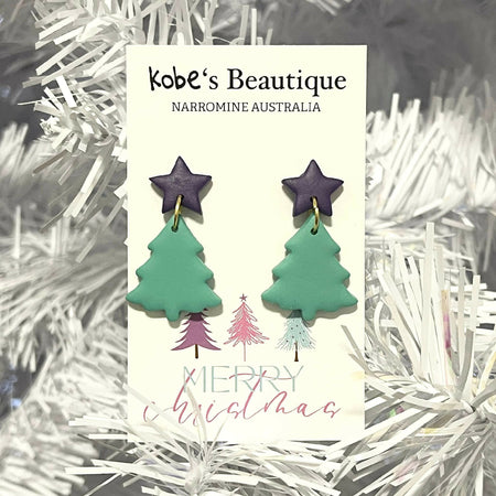 Teal Christmas Tree Earrings with Purple Star Tops