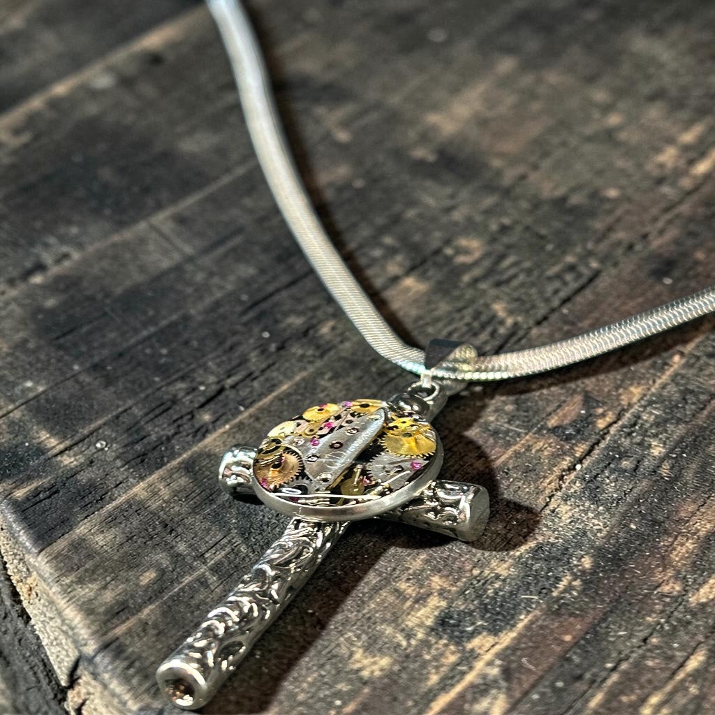 Steampunk watch parts cross necklace