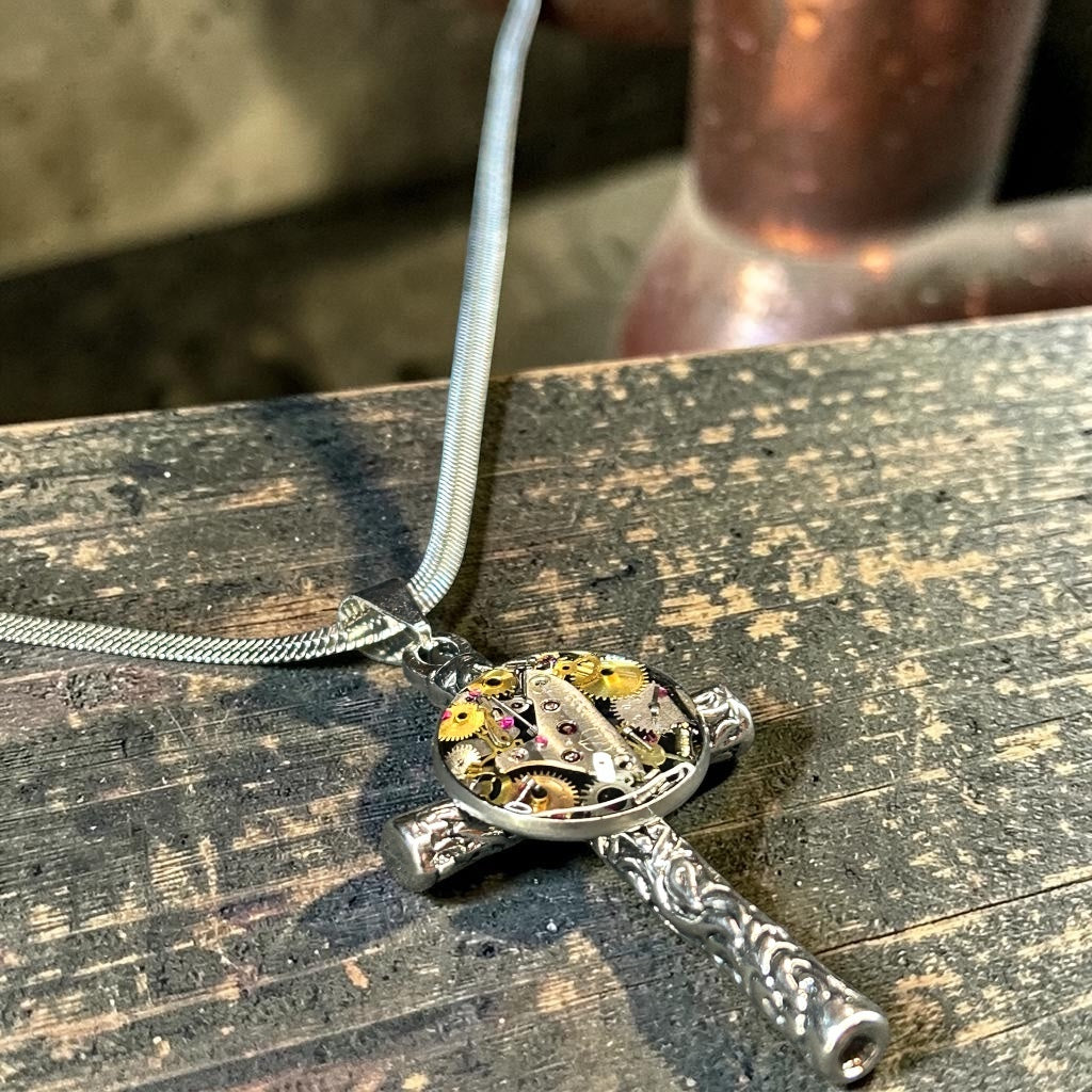Steampunk watch parts cross necklace