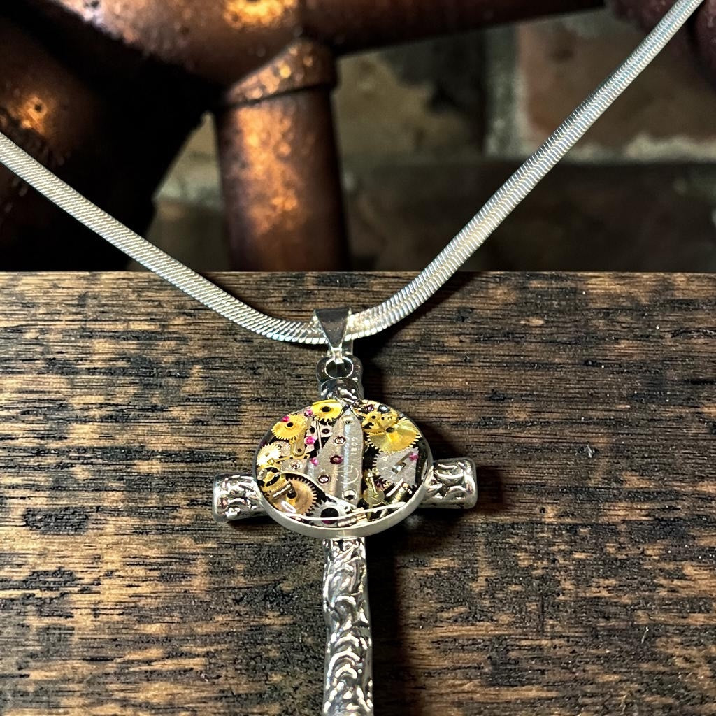 Steampunk watch parts cross necklace