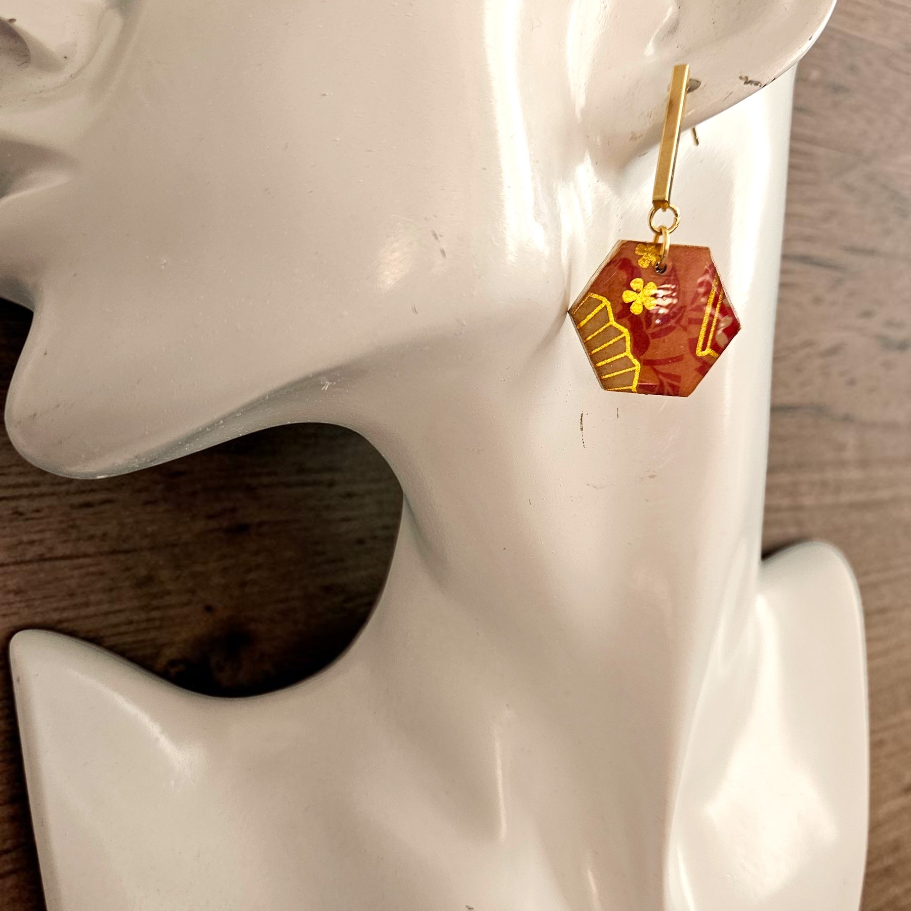 Unique Japanese Chiyogami Paper Earrings - Hexagonal Deep Pink Gold