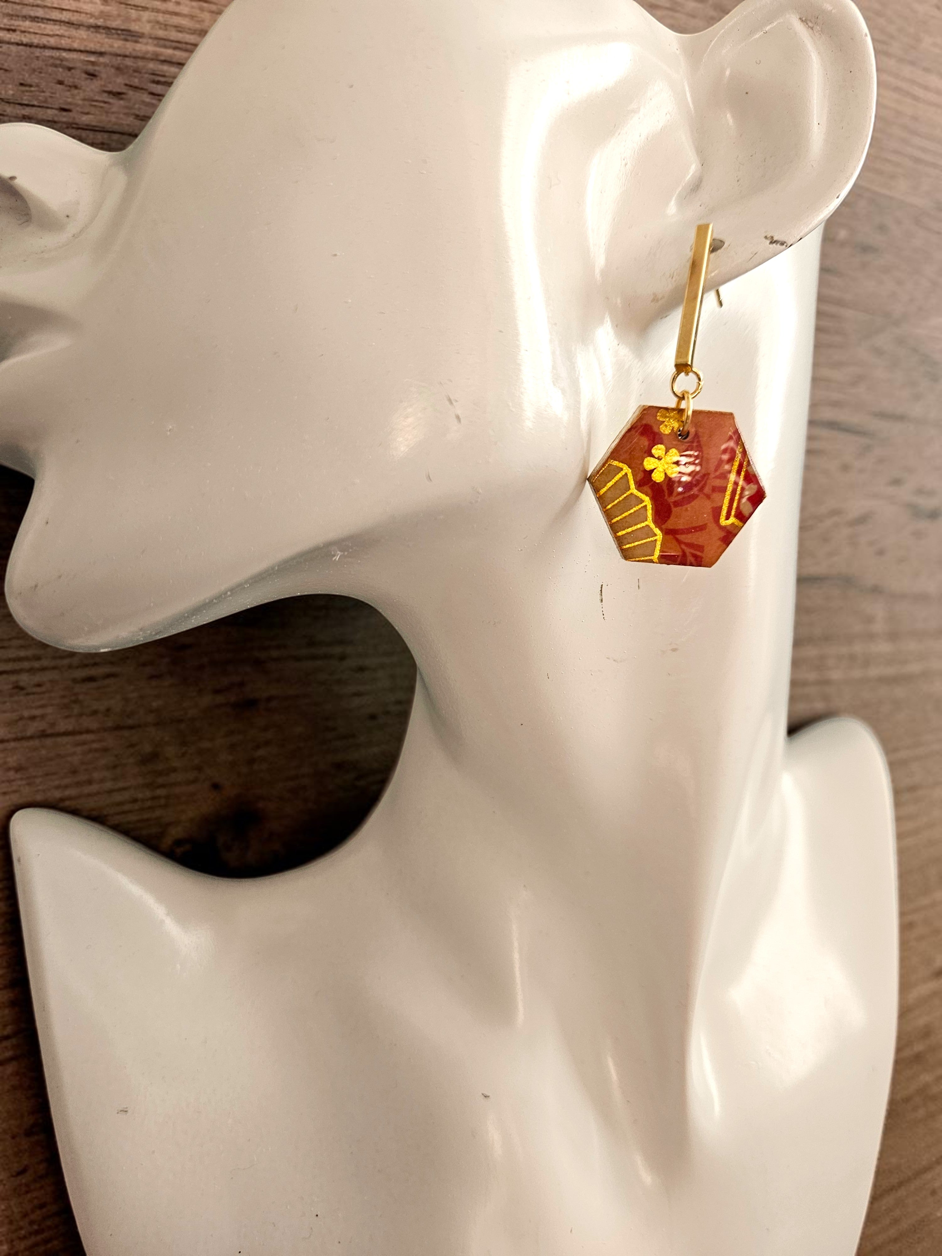 Unique Japanese Chiyogami Paper Earrings - Hexagonal Deep Pink Gold