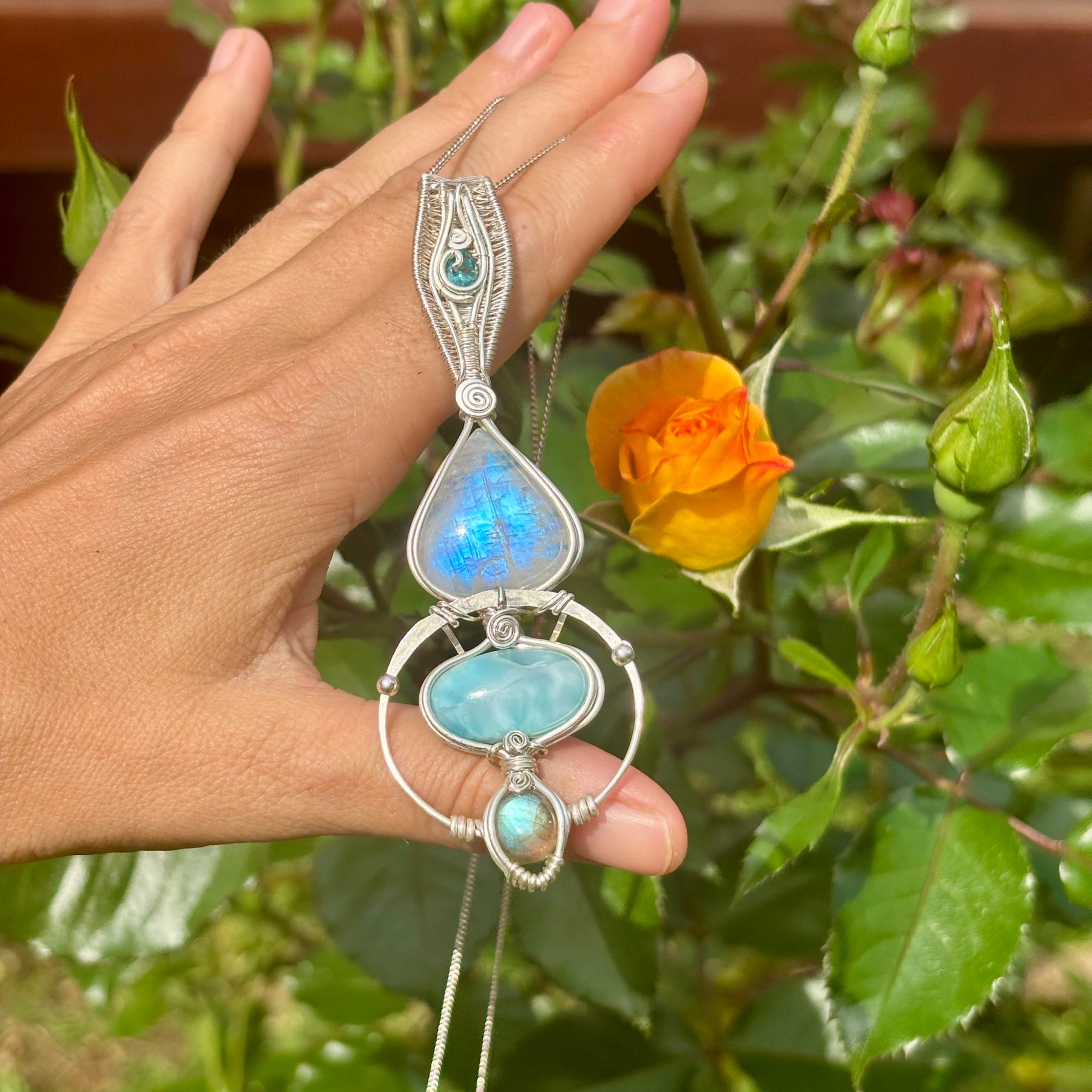 Moonstone, Tooaz, Larimar, Labradorite Crystal pendant in silver