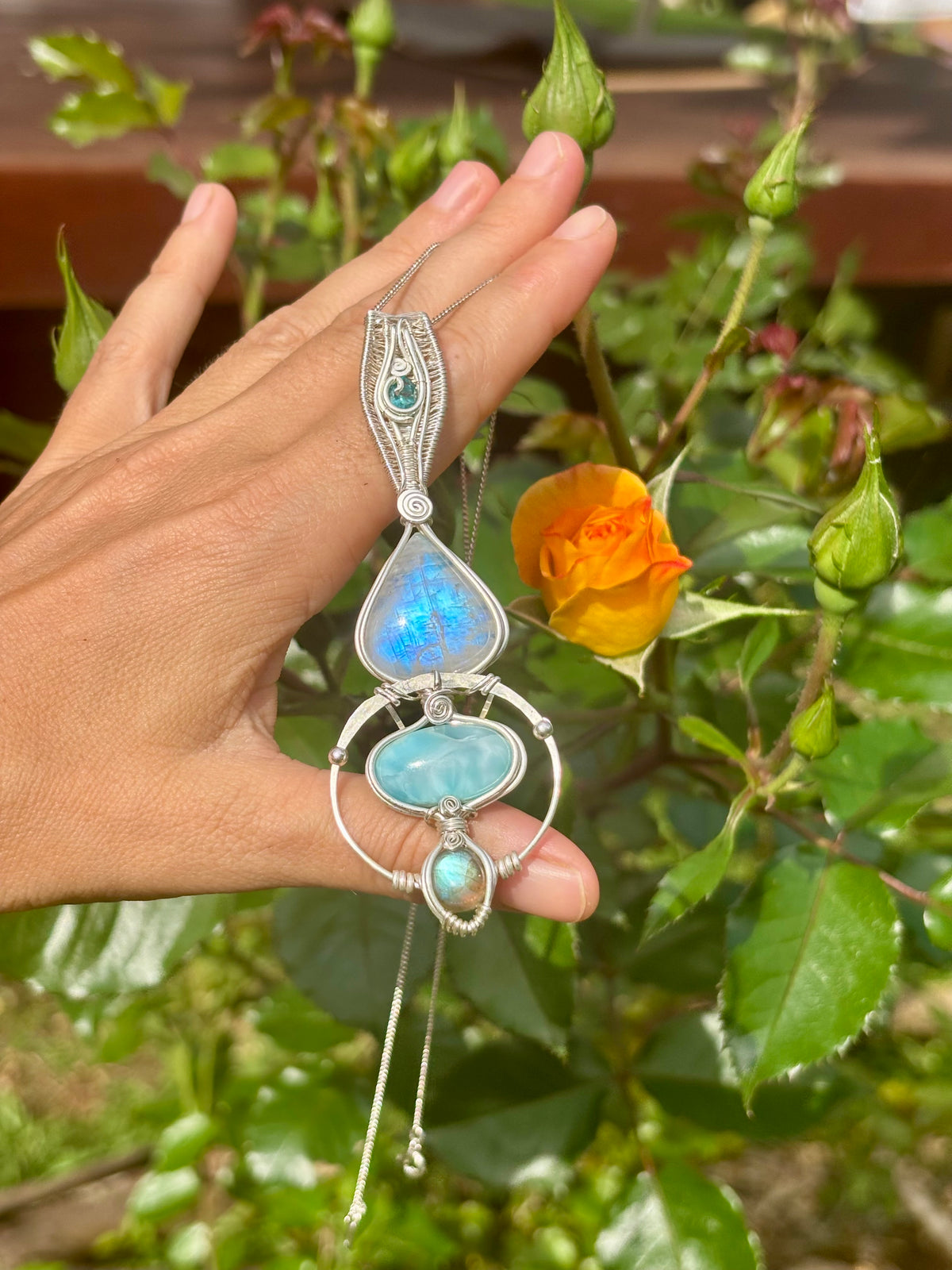 Moonstone, Tooaz, Larimar, Labradorite Crystal pendant in silver